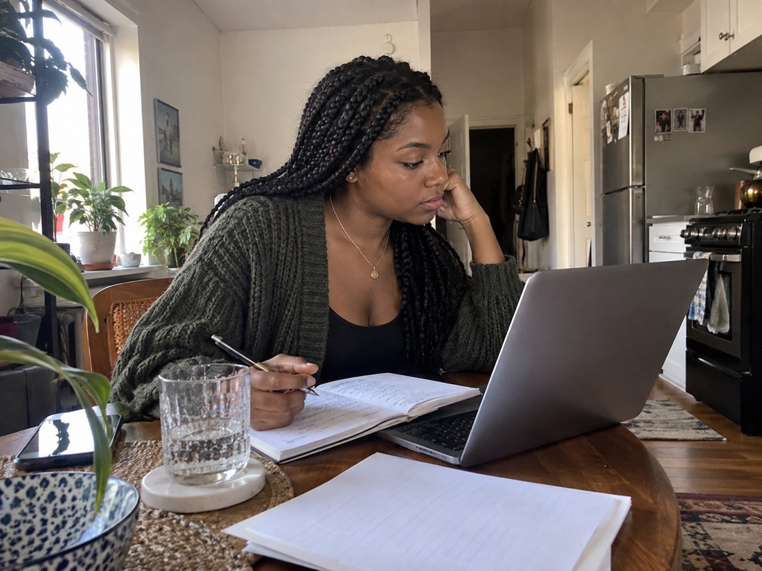 Person reviewing job search materials while using a laptop