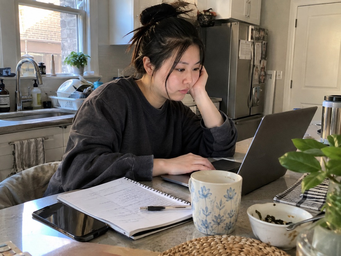 Person reviewing job search materials while using a laptop