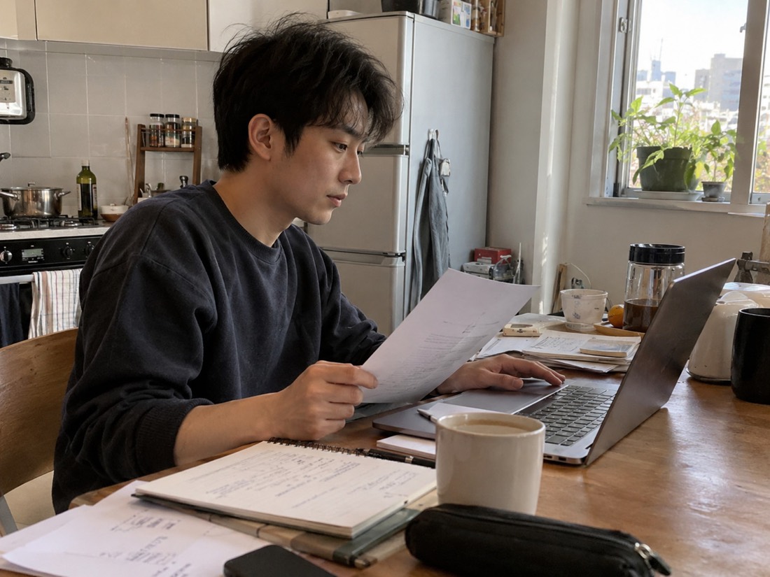 Person using a laptop and notes during a job search